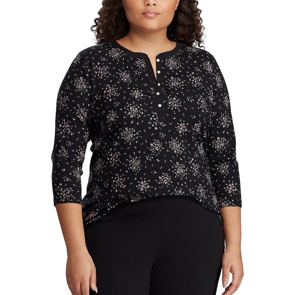 Chaps Dark Florals Cotton Henley Top Medium
